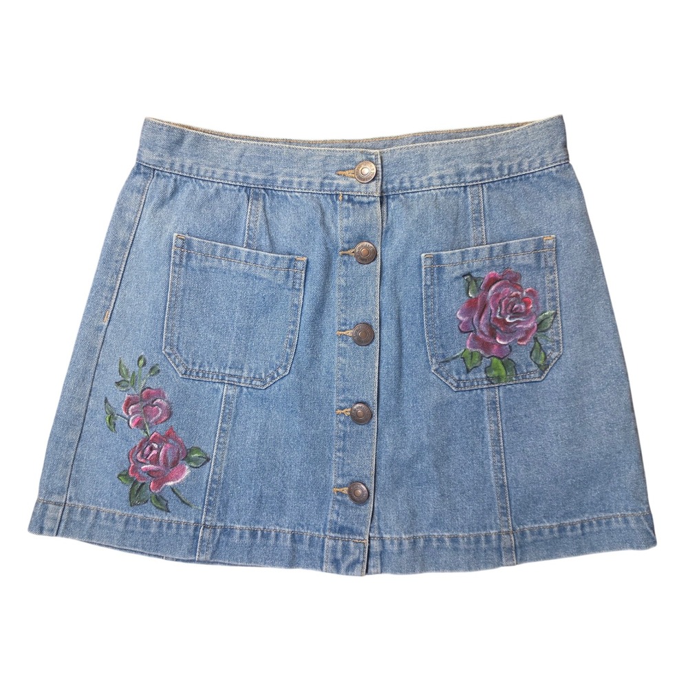 Forever 21 Rose Floral Painted Denim Mini Skirt Blue Button Front Size 27 Womens